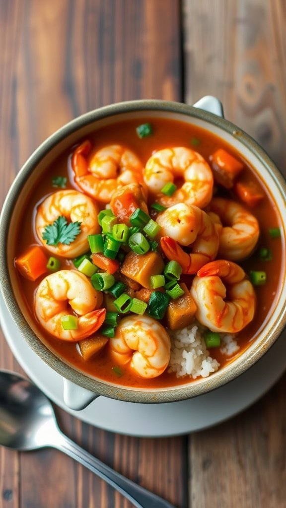 a bowl of soup with shrimp and vegetables