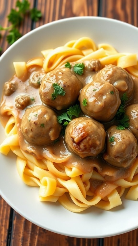 a bowl of pasta with meatballs and gravy