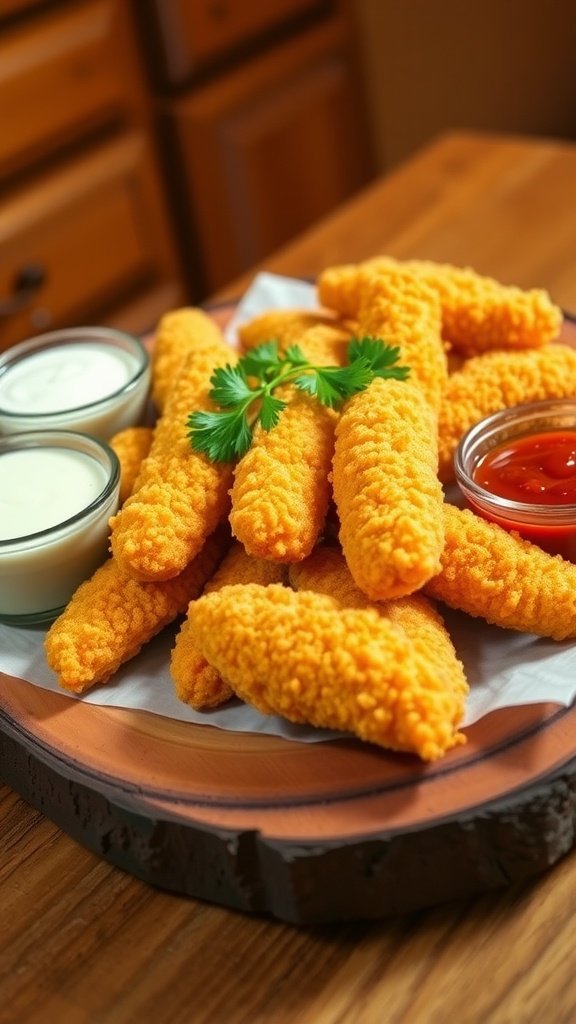 Crispy Cheddar Chicken Tenders Recipe Crispy Cheddar Chicken Tenders on a platter with dipping sauces.