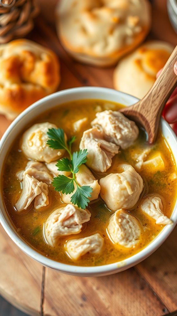 a bowl of soup with a wooden spoon