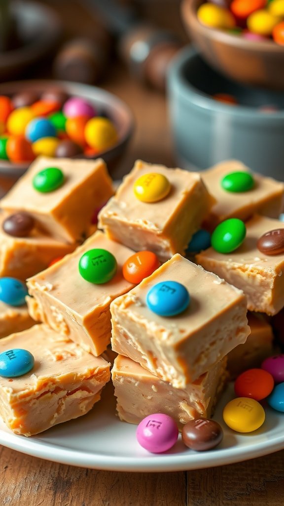 Colorful squares of peanut butter fudge with M&Ms on a rustic plate, showcasing a creamy texture.