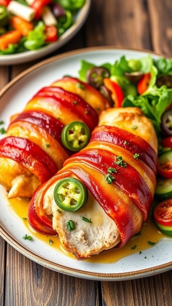 Bacon-Wrapped Cheesy Jalapeño Chicken Delight Bacon-Wrapped Cheesy Jalapeño Chicken on a plate, garnished with herbs, served with salad.