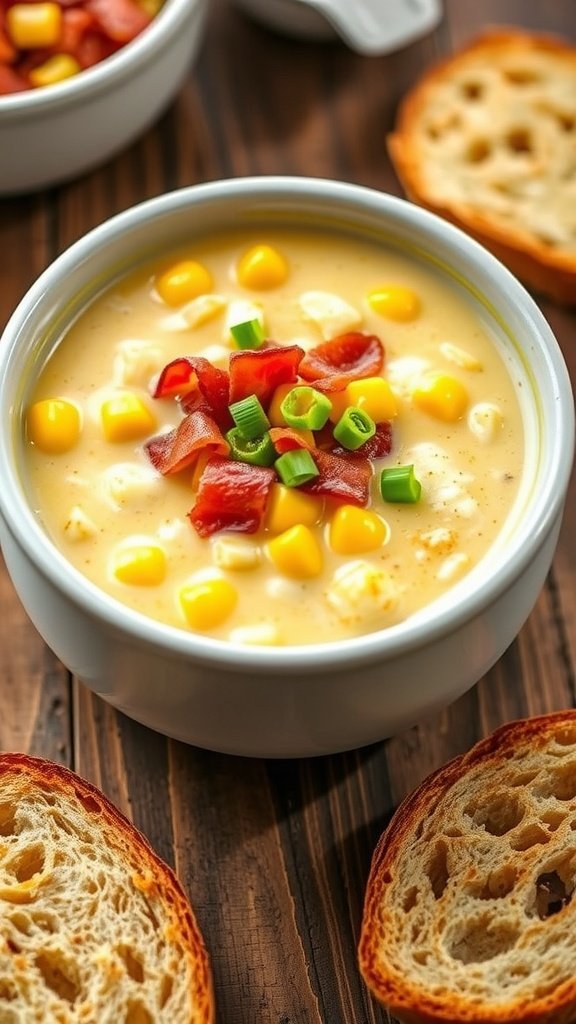 a bowl of soup with bacon and creamy corn