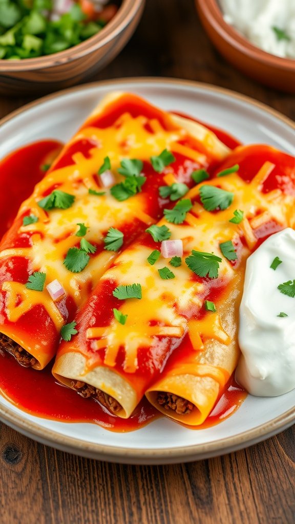 Delicious Cheesy Ground Beef Enchiladas Recipe Cheesy ground beef enchiladas with red sauce and cheese, garnished with cilantro and sour cream, on a wooden table.