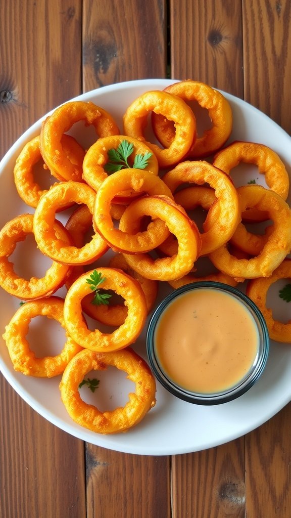 Crunchy and Golden: The Ultimate Homemade Onion Rings Recipe A close-up of crispy, golden onion rings served with a dipping sauce on a rustic table.