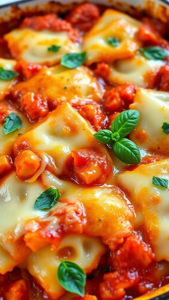 Cheesy Baked Ravioli Casserole Recipe A hearty cheesy baked ravioli casserole in a rustic dish, garnished with basil, ready to serve.
