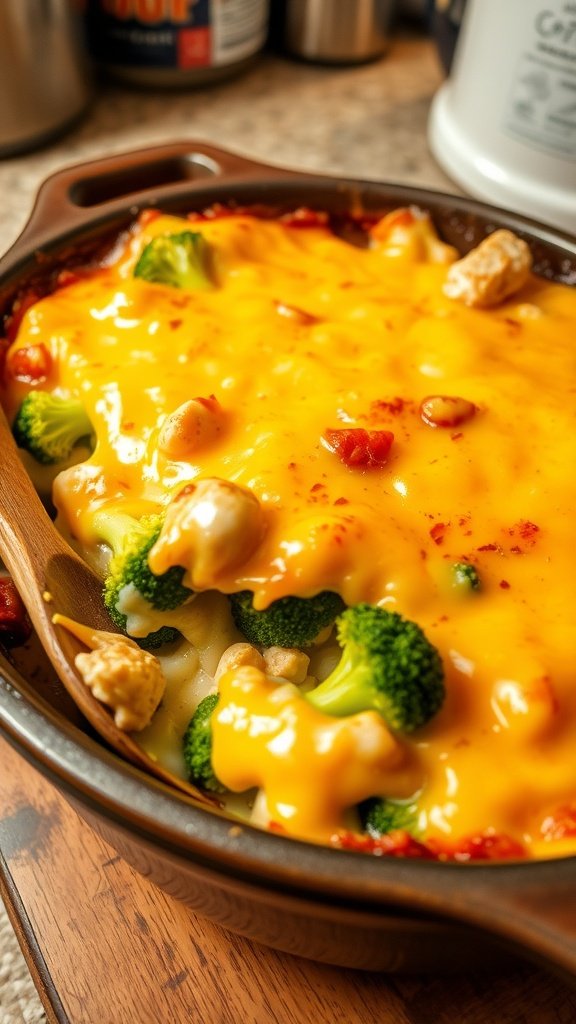 Delicious Cheesy Chicken and Broccoli Bake Cheesy Chicken and Broccoli Bake with melted cheese and broccoli in a rustic dish.
