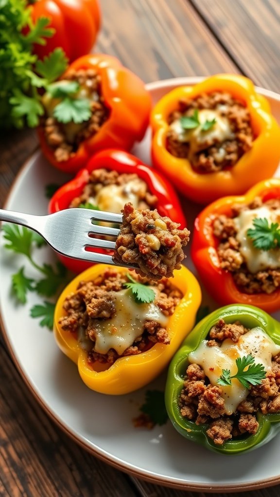 Savory Stuffed Peppers with Cheese and Beef Colorful stuffed peppers filled with beef and cheese on a rustic table, garnished with parsley.