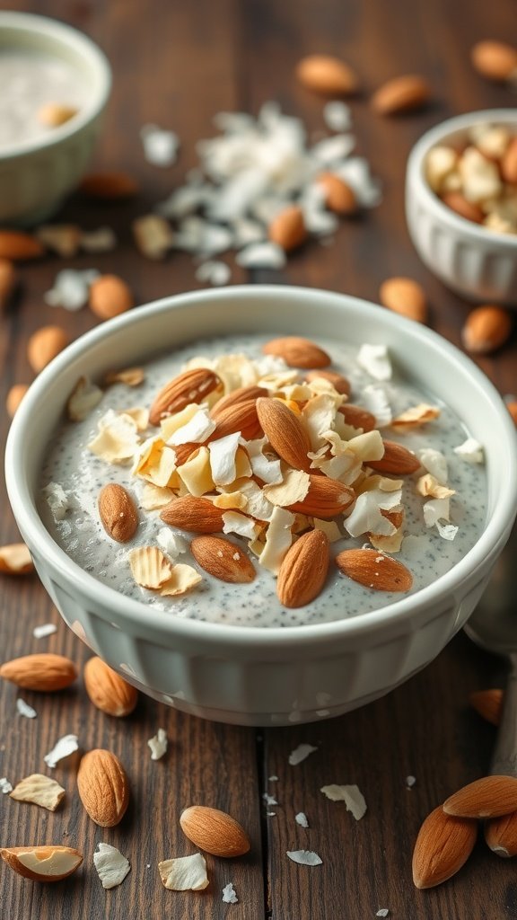 Bowl of Almond Joy Chia Pudding topped with almonds and coconut flakes