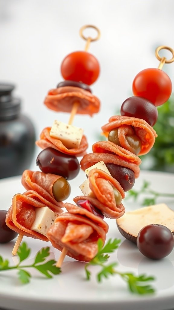 Two antipasto skewers with salami, cheese, olives, and cherry tomatoes on a plate.