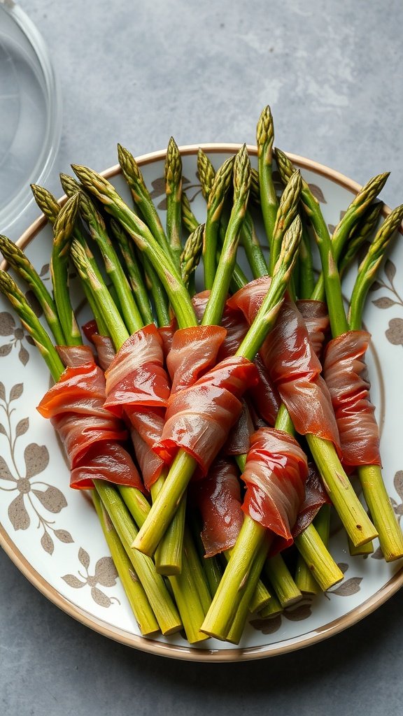 A plate of asparagus wrapped in prosciutto, arranged neatly.