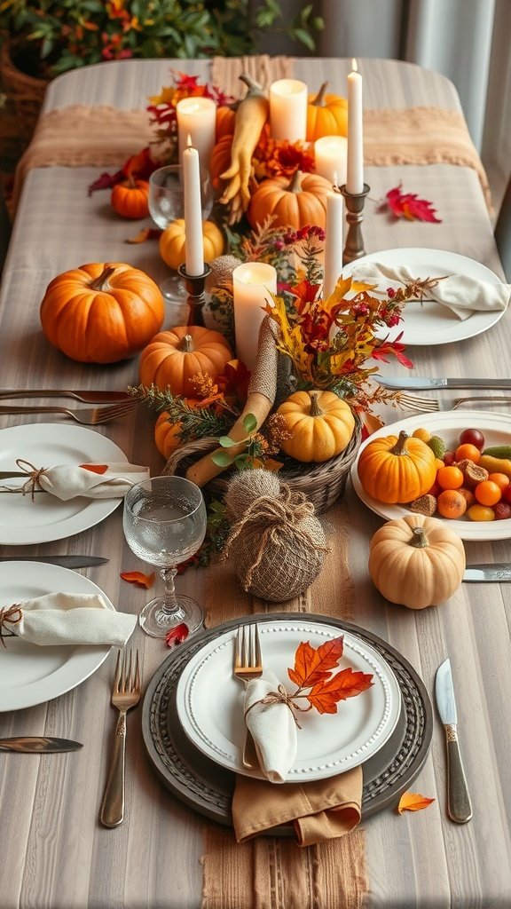 A beautifully set dinner table for two featuring pumpkins, candles, and autumn leaves.