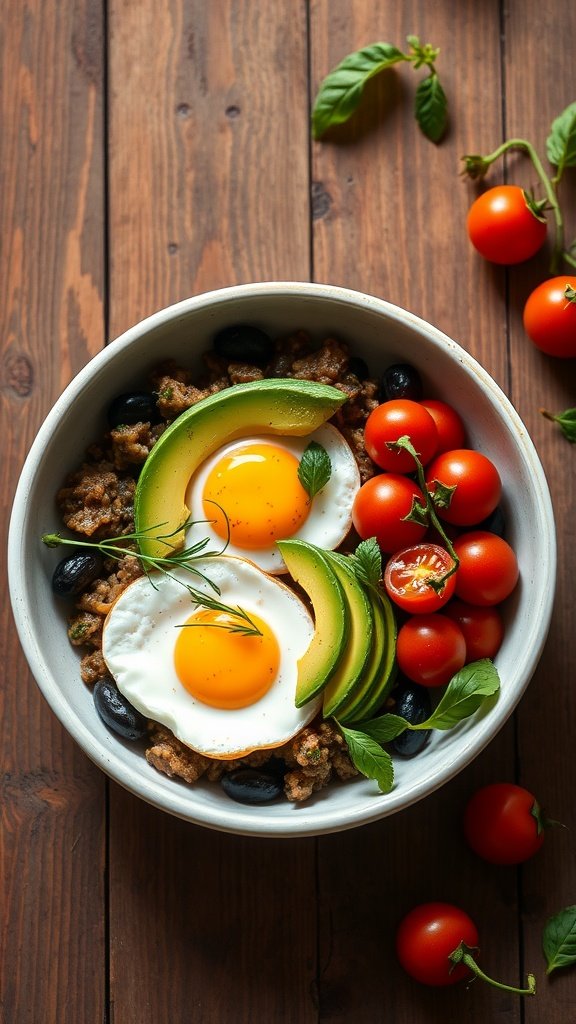A bowl featuring fried eggs, avocado slices, ground meat, cherry tomatoes, and black olives on a wooden table.