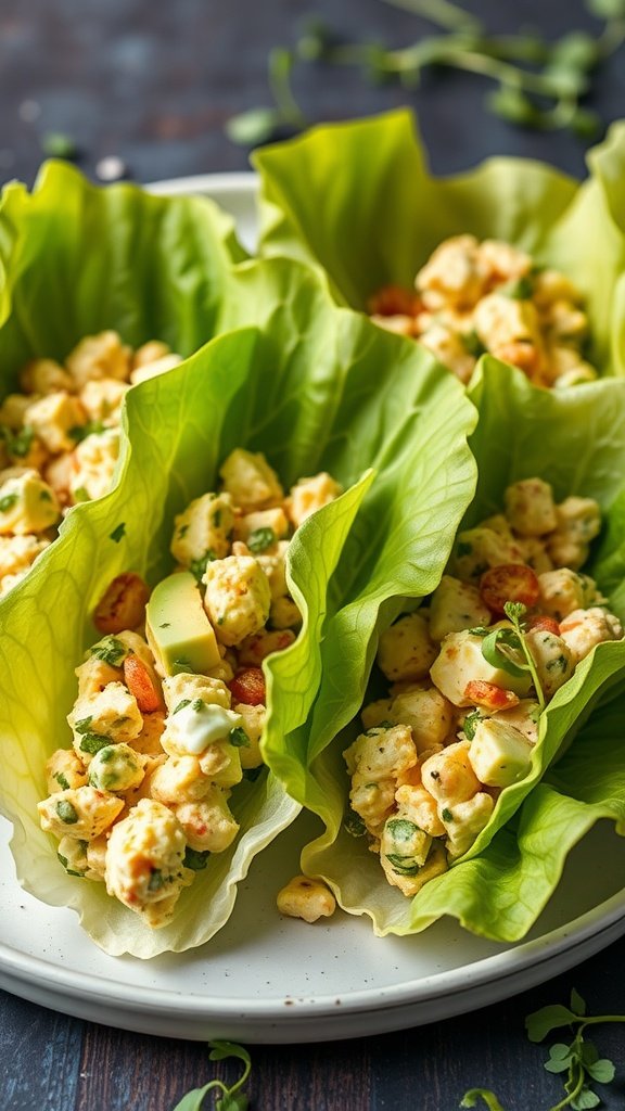 Lettuce wraps filled with avocado egg salad, garnished with herbs.