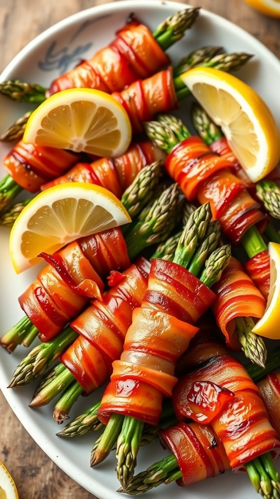 Plate of bacon-wrapped asparagus bundles with lemon slices