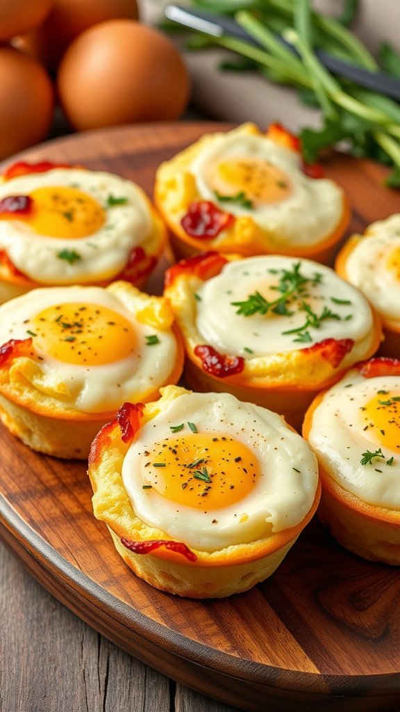 A platter of bacon and egg muffins garnished with herbs, surrounded by fresh eggs