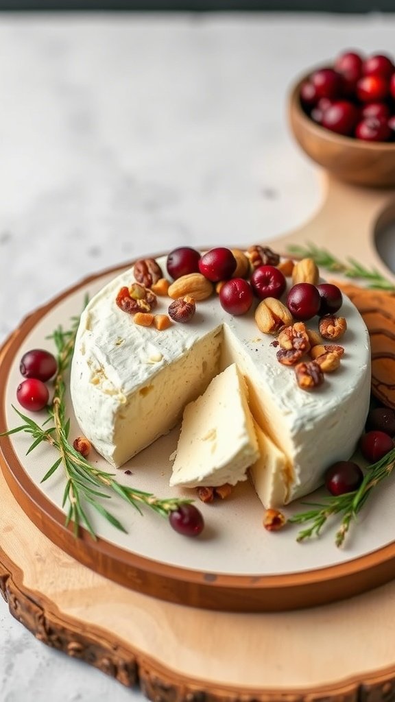 A platter featuring baked brie topped with cranberries and nuts, garnished with fresh rosemary and accompanied by a bowl of cranberries.