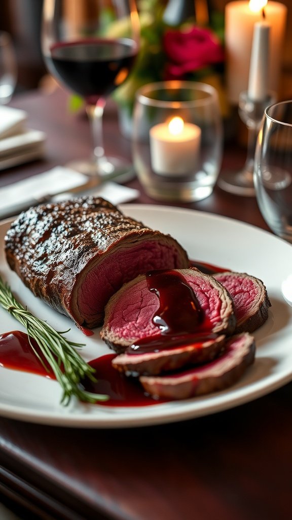 A plate of beef tenderloin in red wine reduction with rosemary garnishes, surrounded by wine glasses and candles.