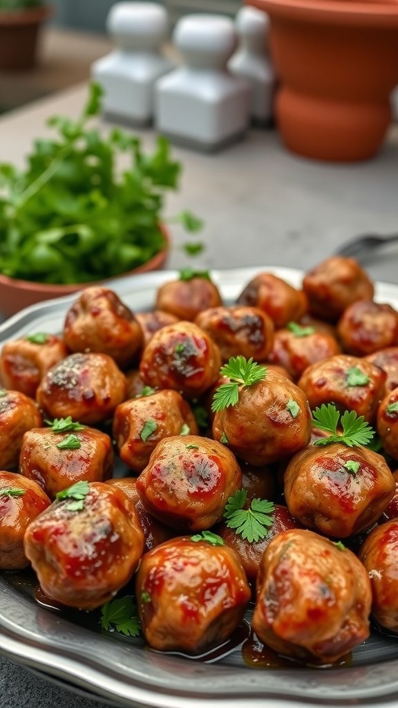 A plate of bite-sized meatballs garnished with fresh cilantro.