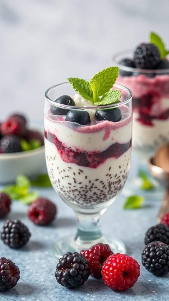 Chia pudding with blackberries and coconut topped with mint leaves