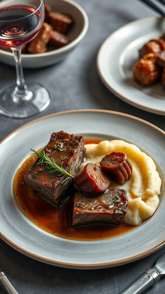 Braised short ribs served with creamy mashed potatoes and a glass of red wine.