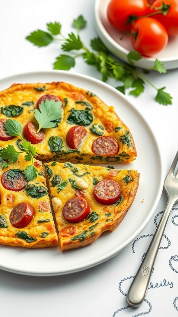 A deliciously cooked breakfast sausage and spinach frittata, garnished with herbs and served with cherry tomatoes.