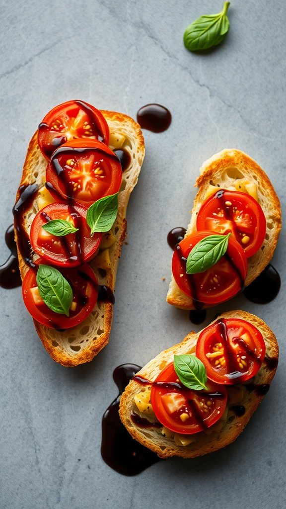 Bruschetta topped with fresh tomatoes and basil on toasted bread