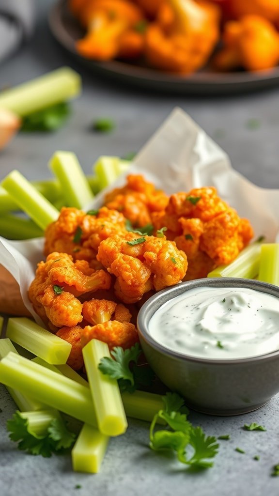 Buffalo cauliflower bites with a bowl of blue cheese dip and celery sticks