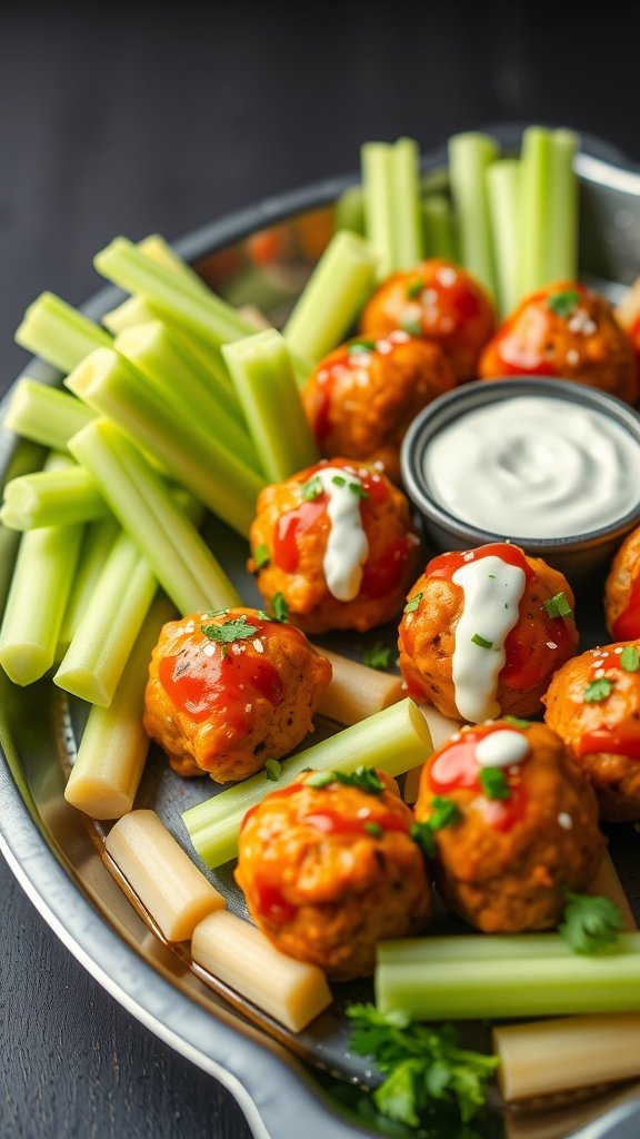 A platter of buffalo chicken meatballs surrounded by celery sticks and dipping sauce.