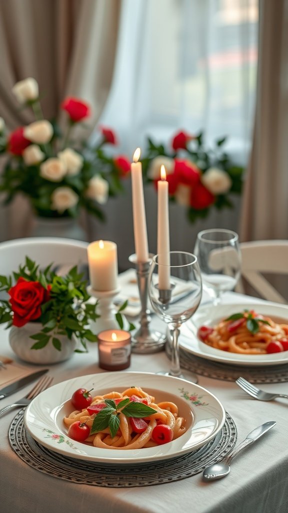 A romantic candlelit dinner for two featuring pasta, flowers, and candles.