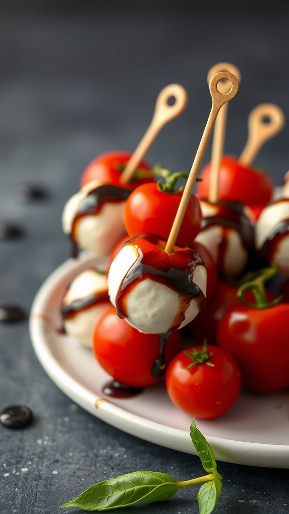 A plate of Caprese salad bites with cherry tomatoes, mozzarella, and basil drizzled with balsamic glaze.