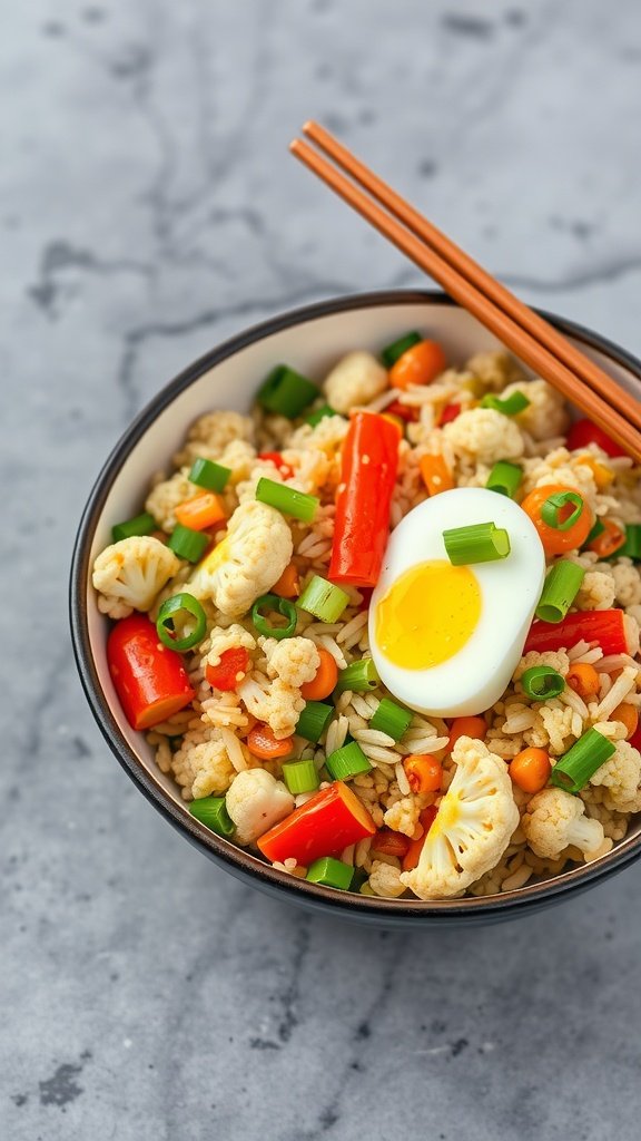 A bowl of cauliflower fried rice with mixed vegetables and a soft-boiled egg on top, served with chopsticks.