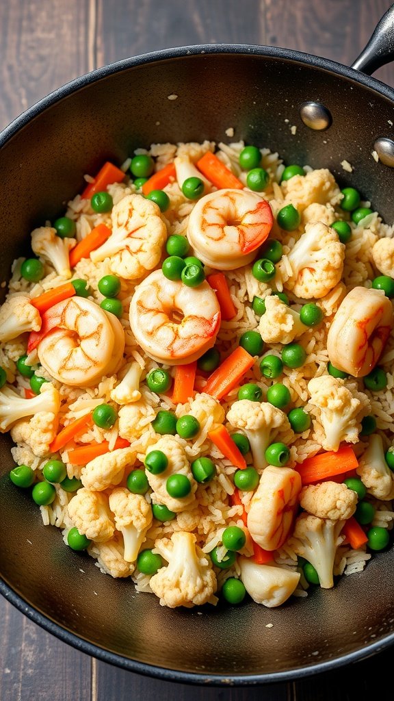 A skillet filled with cauliflower fried rice, shrimp, green peas, and carrots, showcasing a colorful and healthy meal.