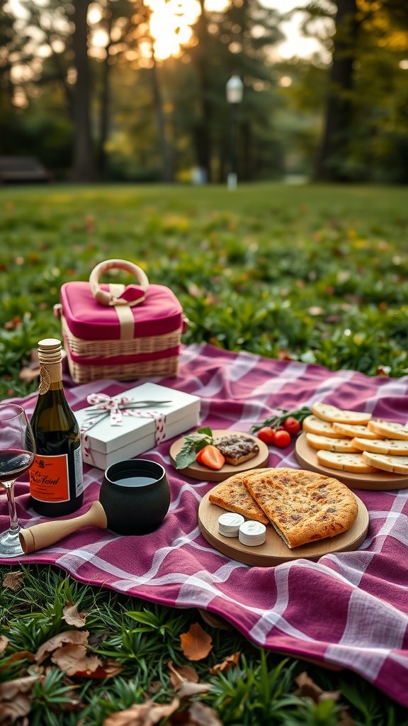 A romantic picnic setup with a blanket, food, and drinks in a park during sunset.