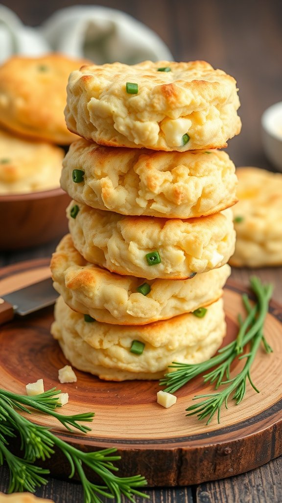 A stack of fluffy cheddar and chive biscuits on a wooden platter, garnished with herbs.
