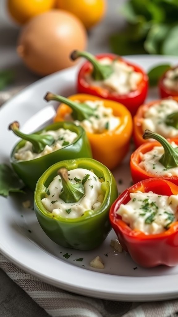 A plate of colorful cheese-stuffed peppers, including green, red, yellow, and orange.
