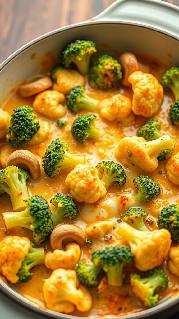 A pan filled with cheesy broccoli and cauliflower bake, showcasing bright green broccoli and golden cauliflower in a creamy cheese sauce.