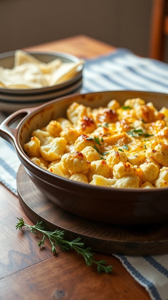 A cheesy cauliflower casserole served in a rustic dish, topped with melted cheese and garnished with herbs, with a plate of snacks in the background.