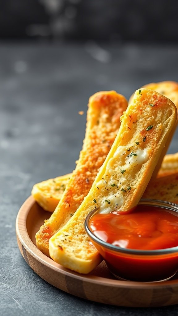 Cheesy garlic breadsticks served with marinara sauce.