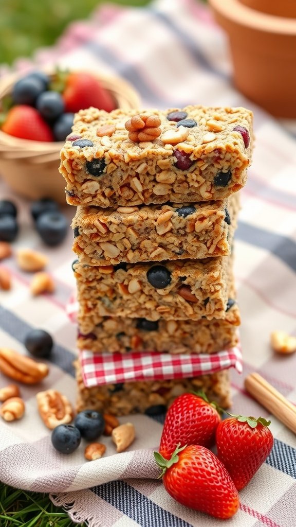 A stack of chewy granola bars with blueberries and strawberries on a picnic blanket.