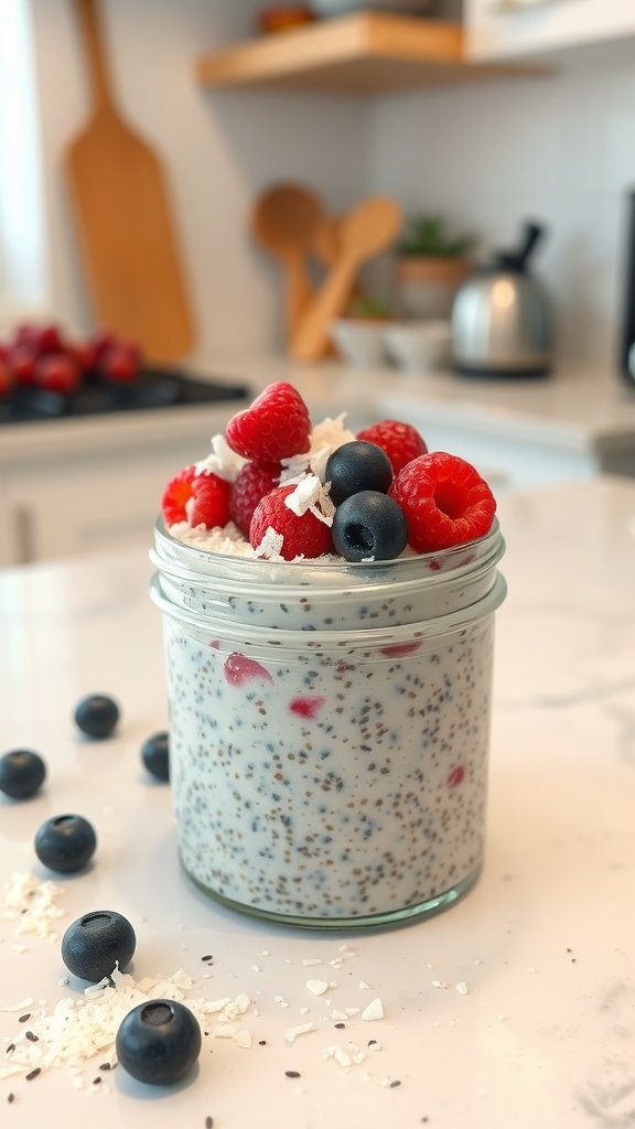 A jar of chia seed pudding topped with raspberries and blueberries, with coconut flakes sprinkled on top