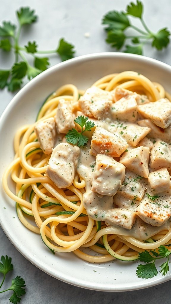 A bowl of Chicken Alfredo with zucchini noodles, garnished with fresh cilantro.