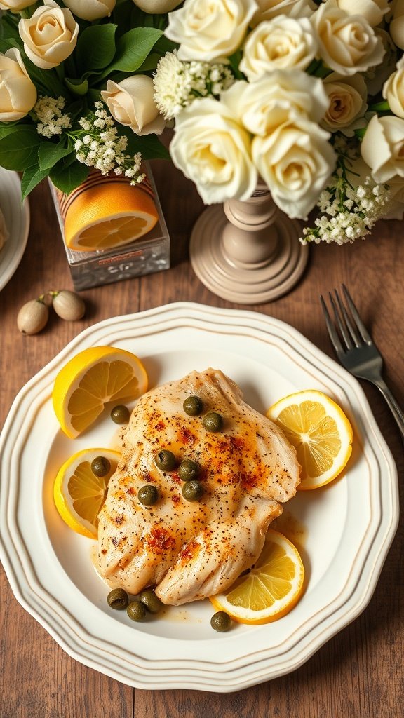 A plate of Chicken Piccata garnished with capers and lemon slices, surrounded by flowers.