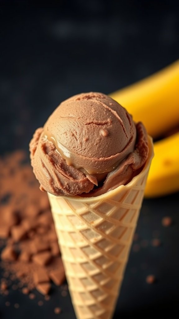 A cone filled with chocolate nice cream, surrounded by bananas and cocoa powder