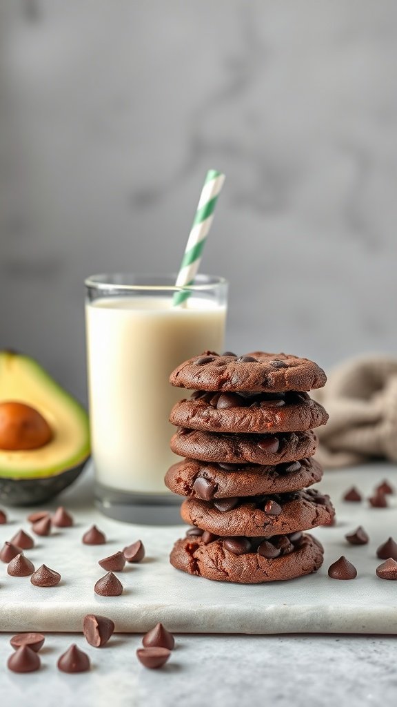 Stack of chocolate avocado cookies with milk and fresh avocado on a marble surface.