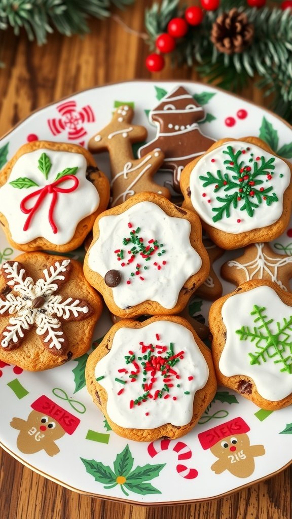 A decorative plate of homemade chocolate chip cookies with festive icing designs.