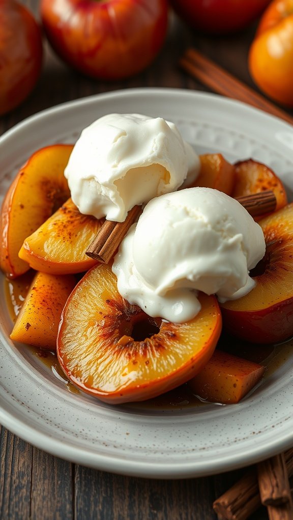 Plate of cinnamon spiced baked apples topped with ice cream and cinnamon sticks with fresh apples in the background