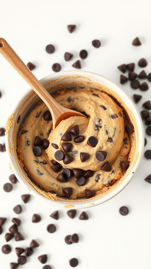 A bowl of chocolate chip cookie dough with chocolate chips scattered around.