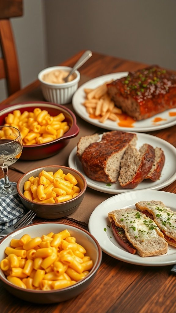 A cozy dinner table with macaroni and cheese, meatloaf, fries, and cheesy sandwiches.
