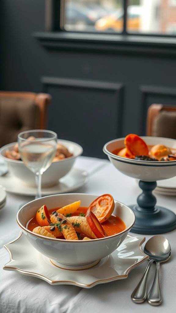 A bowl of bouillabaisse with seafood, garnished with herbs and citrus slices on a dining table.
